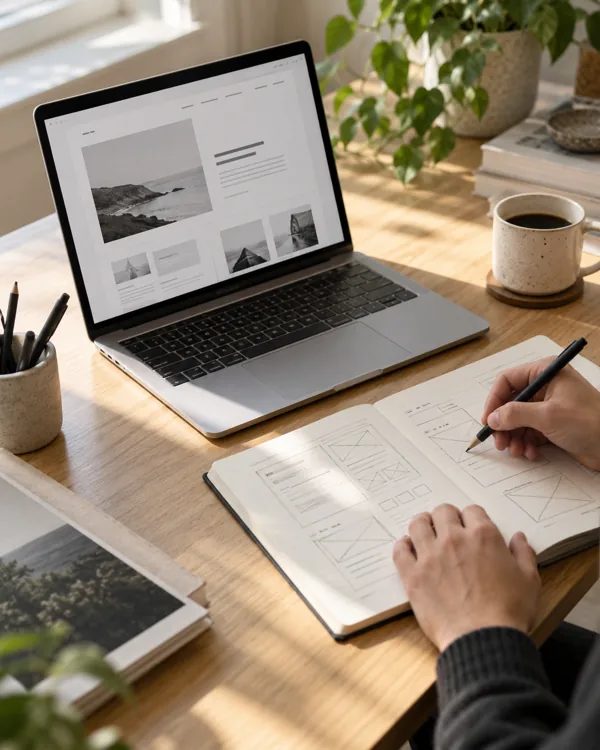 Illustration of website design work with a laptop, wireframes and a notebook on a bright desk