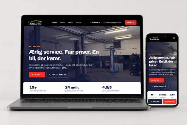 Autolap website design with dark surfaces and red contact buttons on a laptop and phone