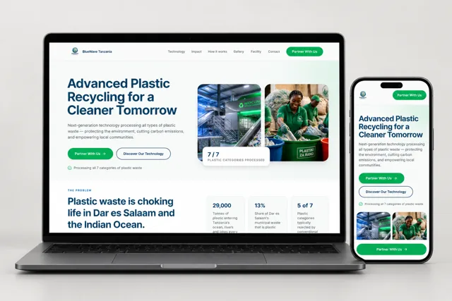 BlueWave Tanzania website design with blue and green details on a laptop and phone
