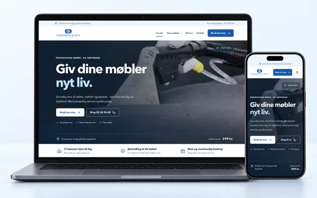 Møbelrens & Sofa blue website design shown on a laptop and phone